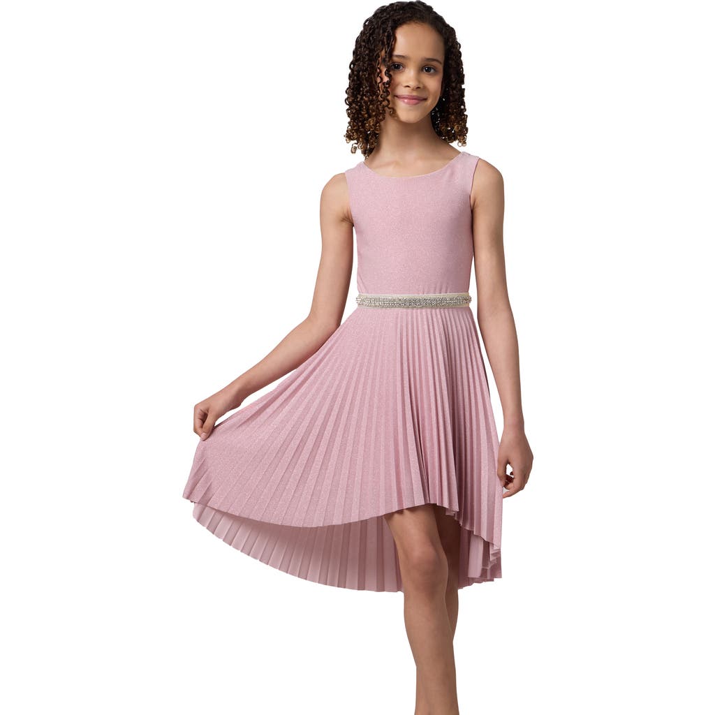 Un Deux Trois Glitter Pleated High Low Dress With Belt In Pink