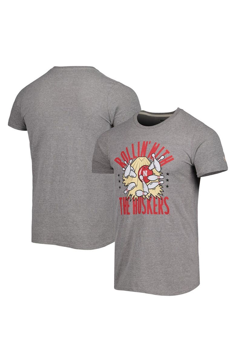 HOMEFIELD Men's Homefield Heather Gray Nebraska Huskers Vintage Bowling T-Shirt, Main, color, 