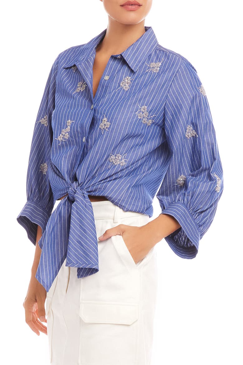 Tie Front Embellished Pinstripe Button-Up Shirt, Alternate, color, STRIPE