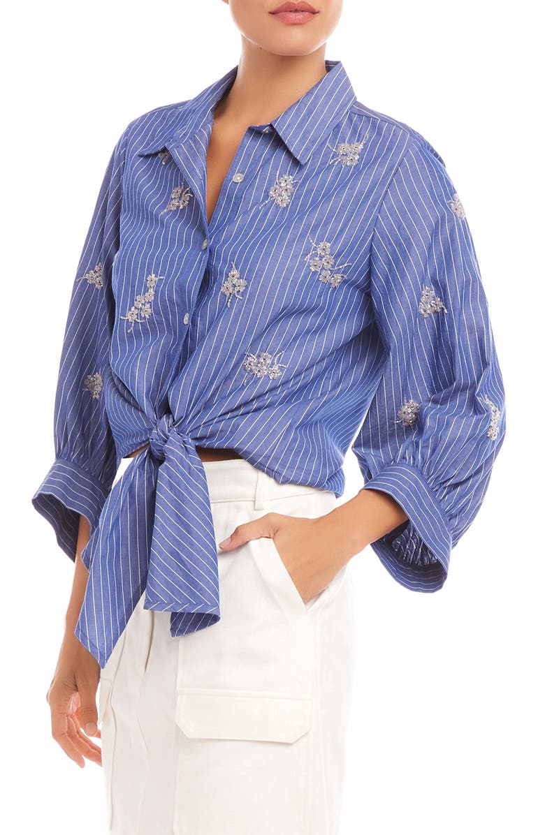 Karen Kane Tie Front Embellished Pinstripe Button-Up Shirt, Alternate, color, Stripe