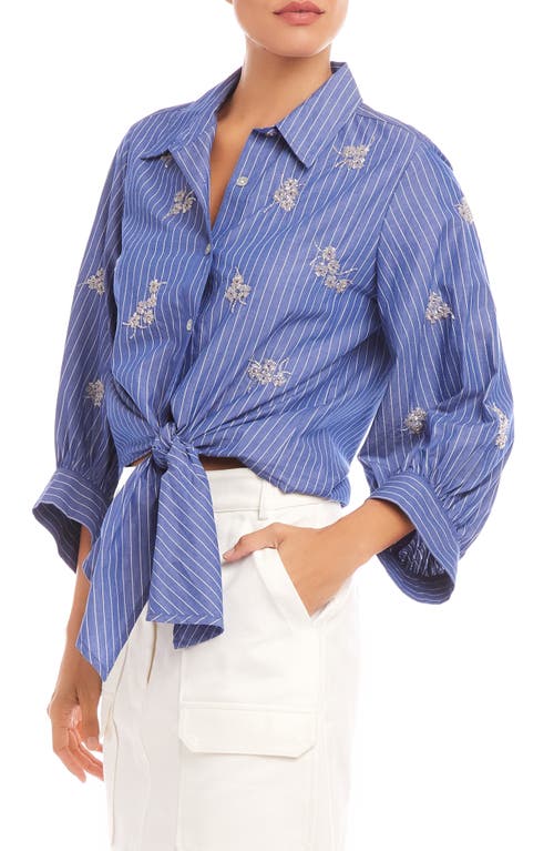 Karen Kane Tie Front Embellished Pinstripe Button-up Shirt In Stripe