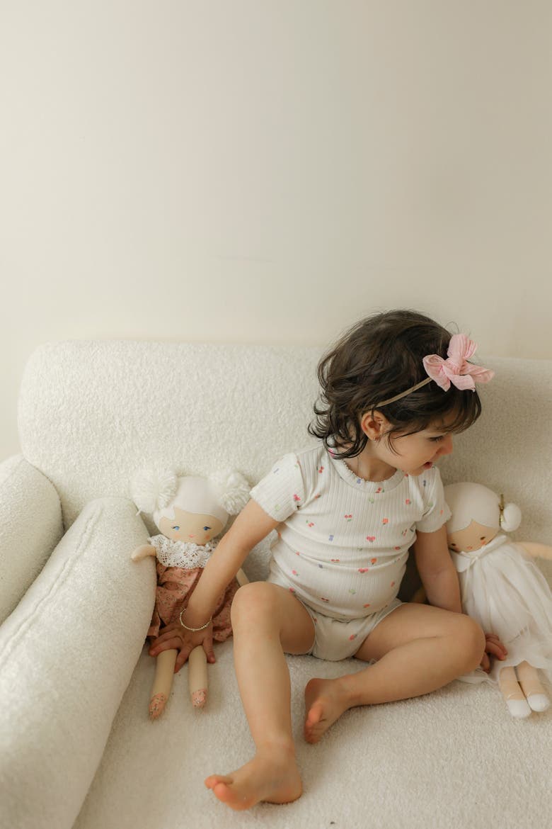Fruit Print Pointelle 2-Piece Short Sleeve Top and Shorts Set, Alternate, color, Off White/Pink