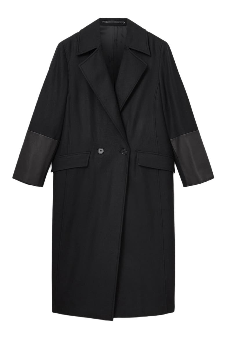 Sellma Leather Trim Wool Blend Coat, Alternate, color, BLACK