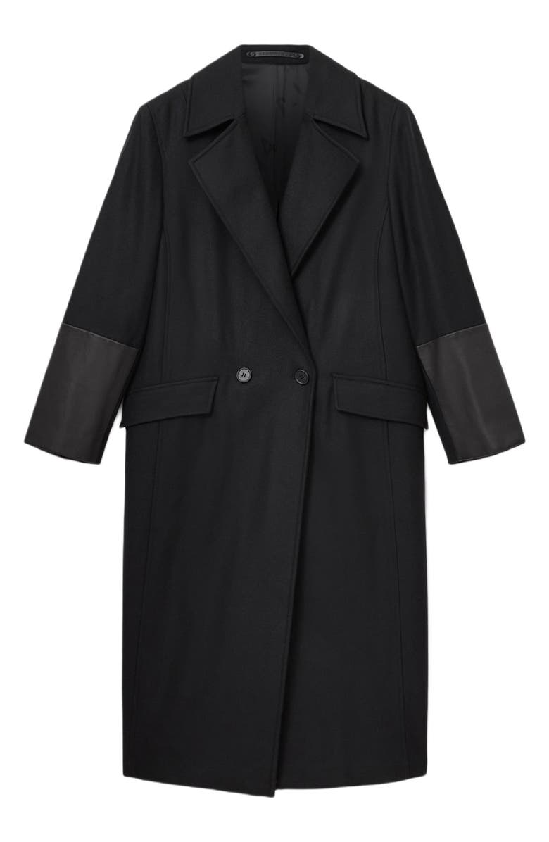 AllSaints Sellma Leather Trim Wool Blend Coat, Alternate, color, Black