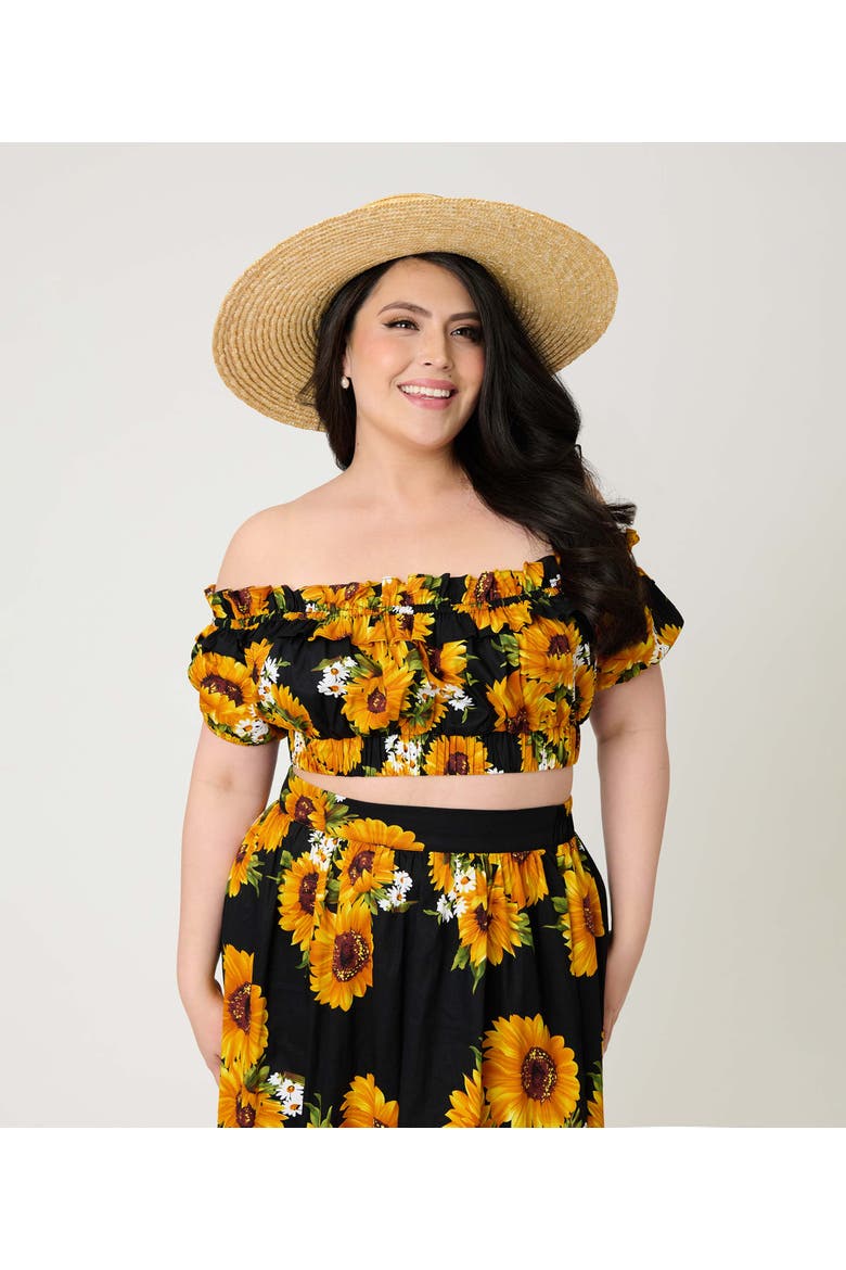 Plus Size 1970s Off Ruffle Up Crop Top, Alternate, color, Black Floral Print