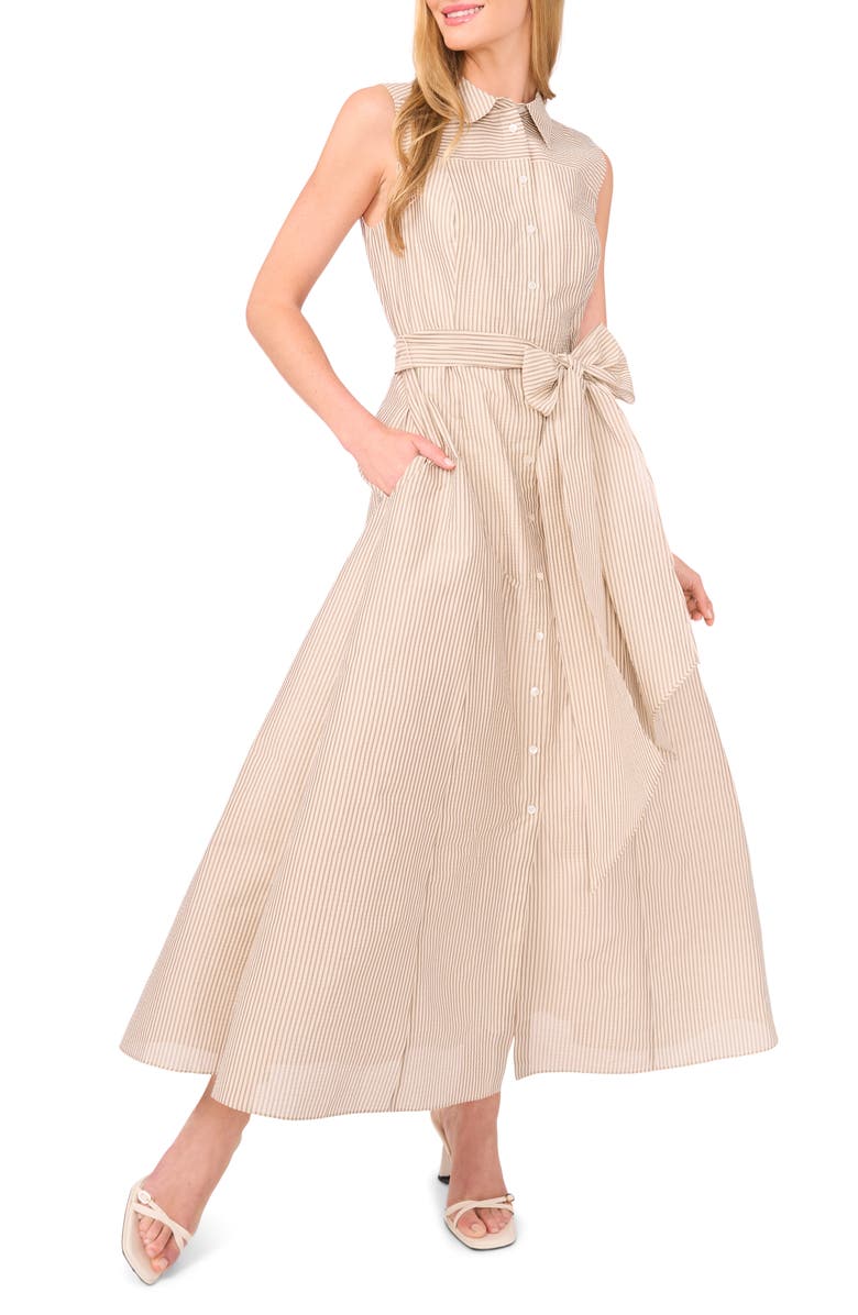 Ted Baker Stripe Sleeveless Midi Shirtdress, Main, color, Taupe Bisque