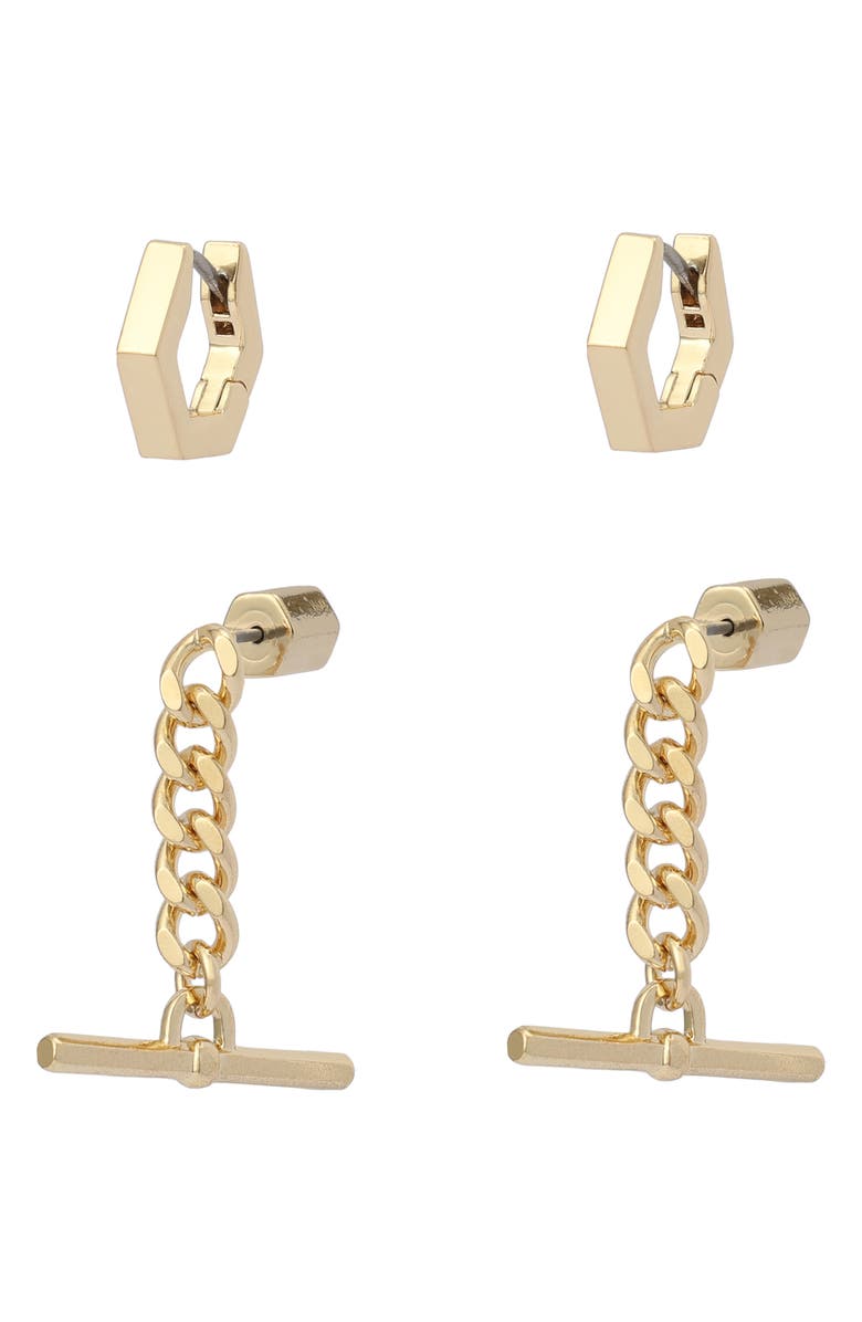 AllSaints Set of 2 Hoop and Drop Earrings, Alternate, color, Shiny Gold