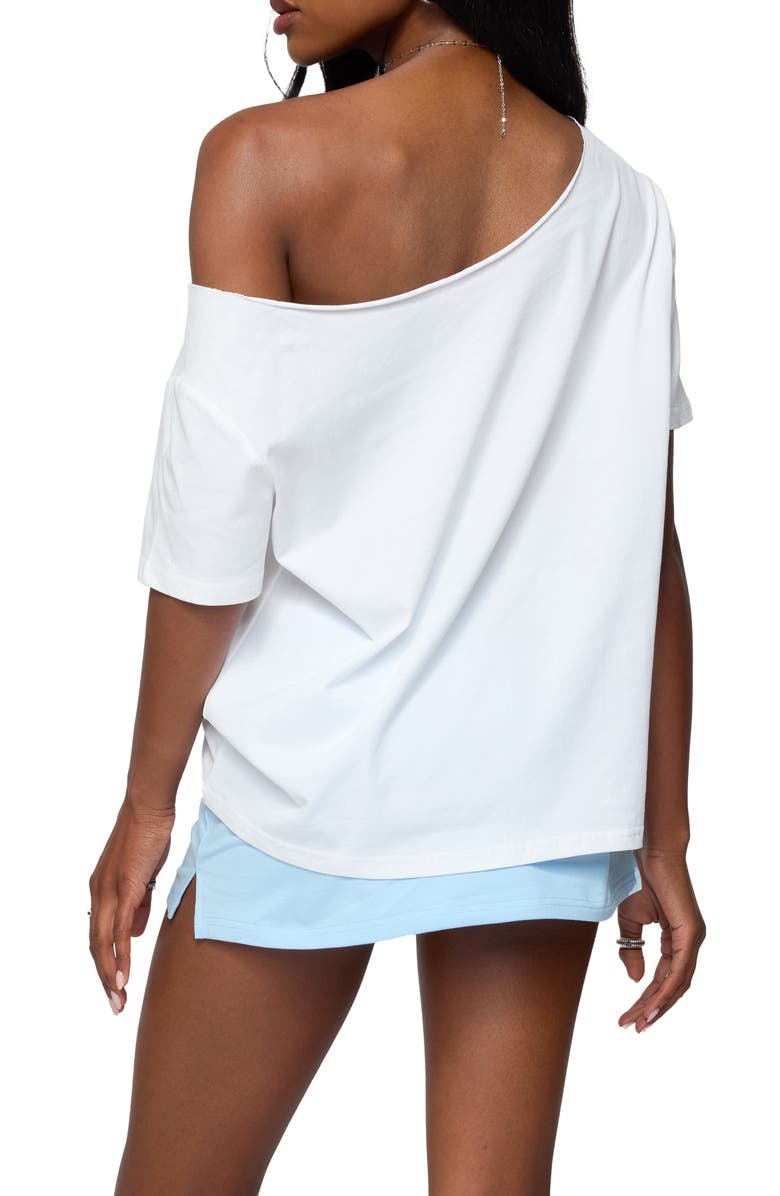 EDIKTED Hawaiian Babe Off the Shoulder Cotton Graphic T-Shirt, Alternate, color, White