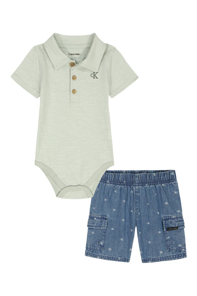 Polo Bodysuit & Denim Shorts Set, Main, color, BLUE MULTI