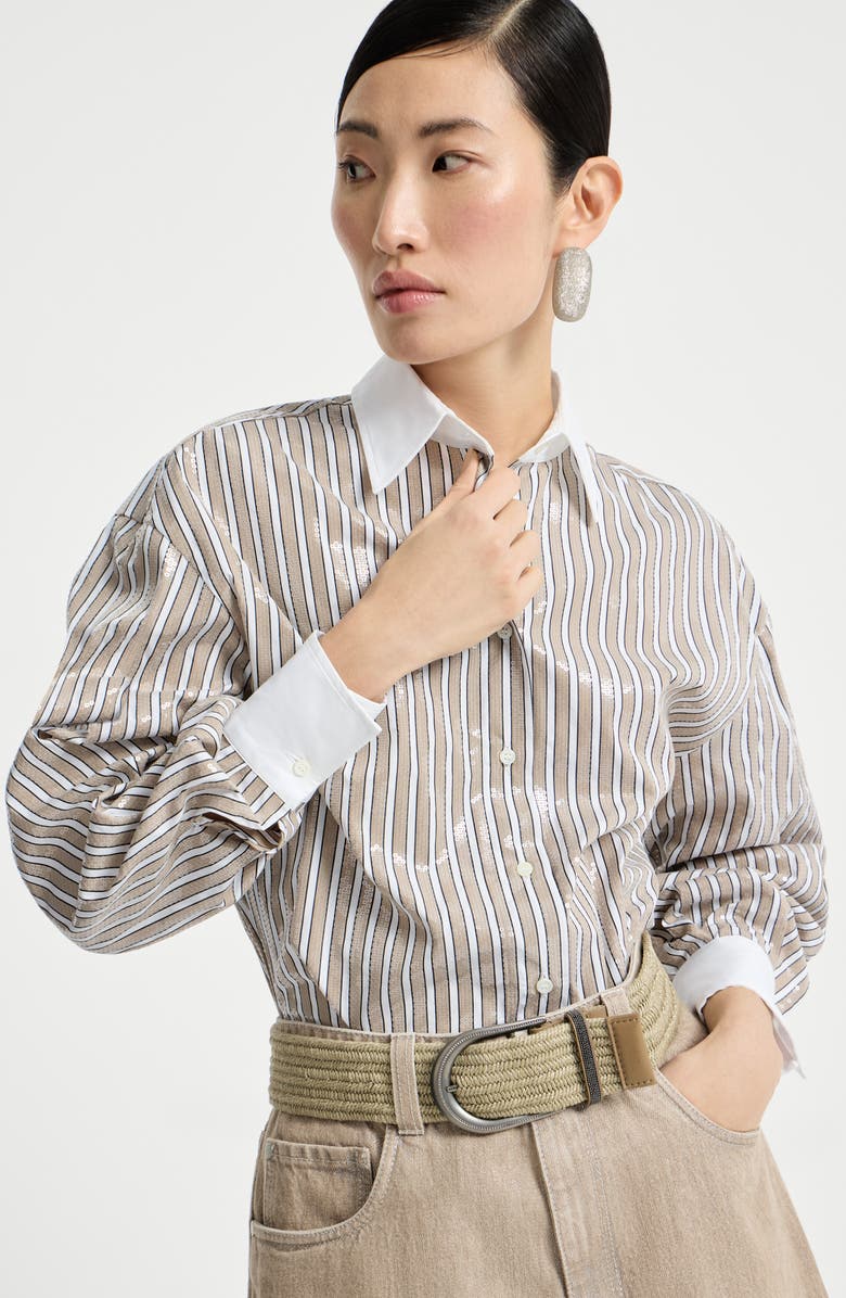 Brunello Cucinelli Dazzling stripes shirt, Alternate, color, Beige