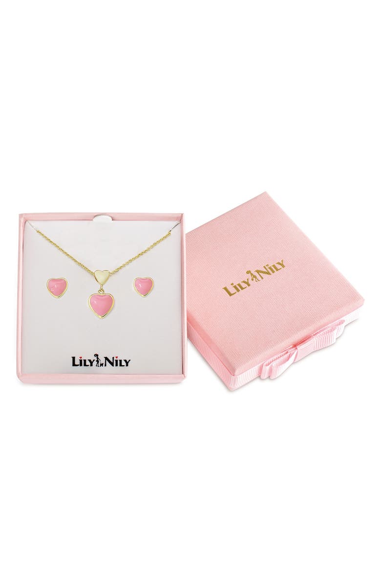 Lily Nily Kids' Heart Pendant Necklace & Stud Earrings, Alternate, color, Pink