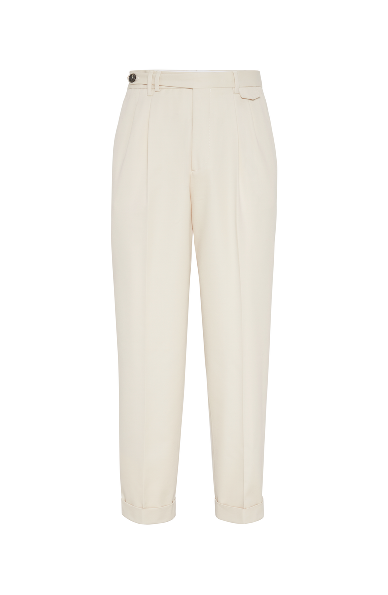 Brunello Cucinelli Cotton and virgin wool gabardine leisure fit trousers with double pleats and tabbed waistband, Main, color, 