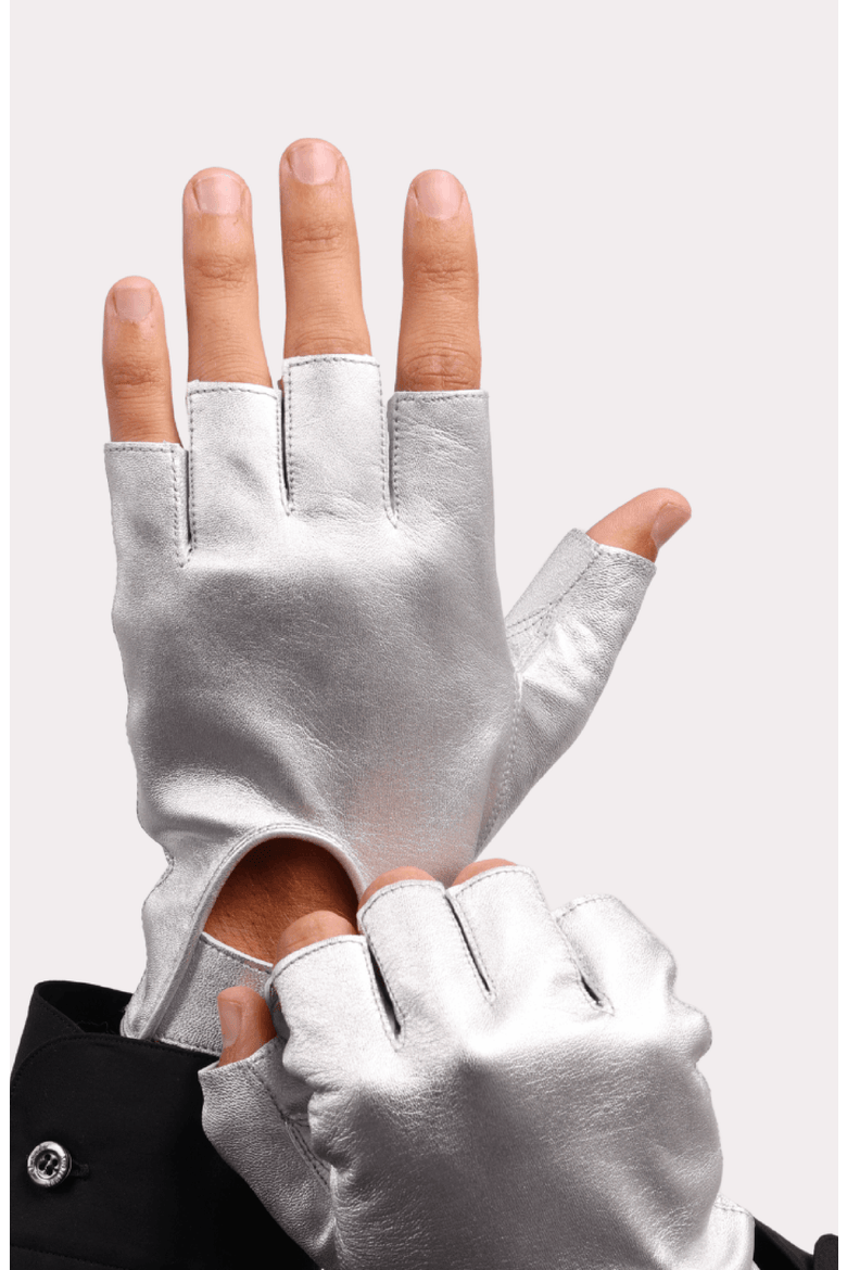 Fingerless Italian Leather Driving Gloves, Alternate, color, Silver