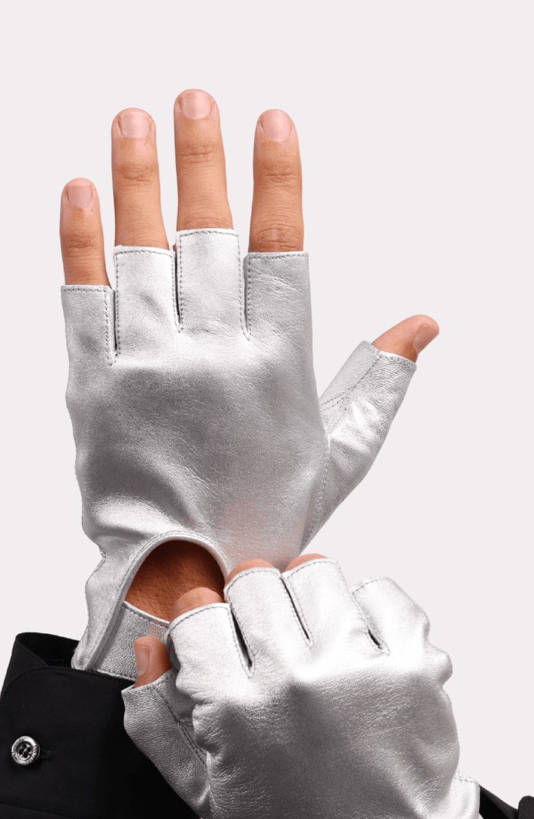 Seymoure Luxury Group Fingerless Italian Leather Driving Gloves, Alternate, color, Silver