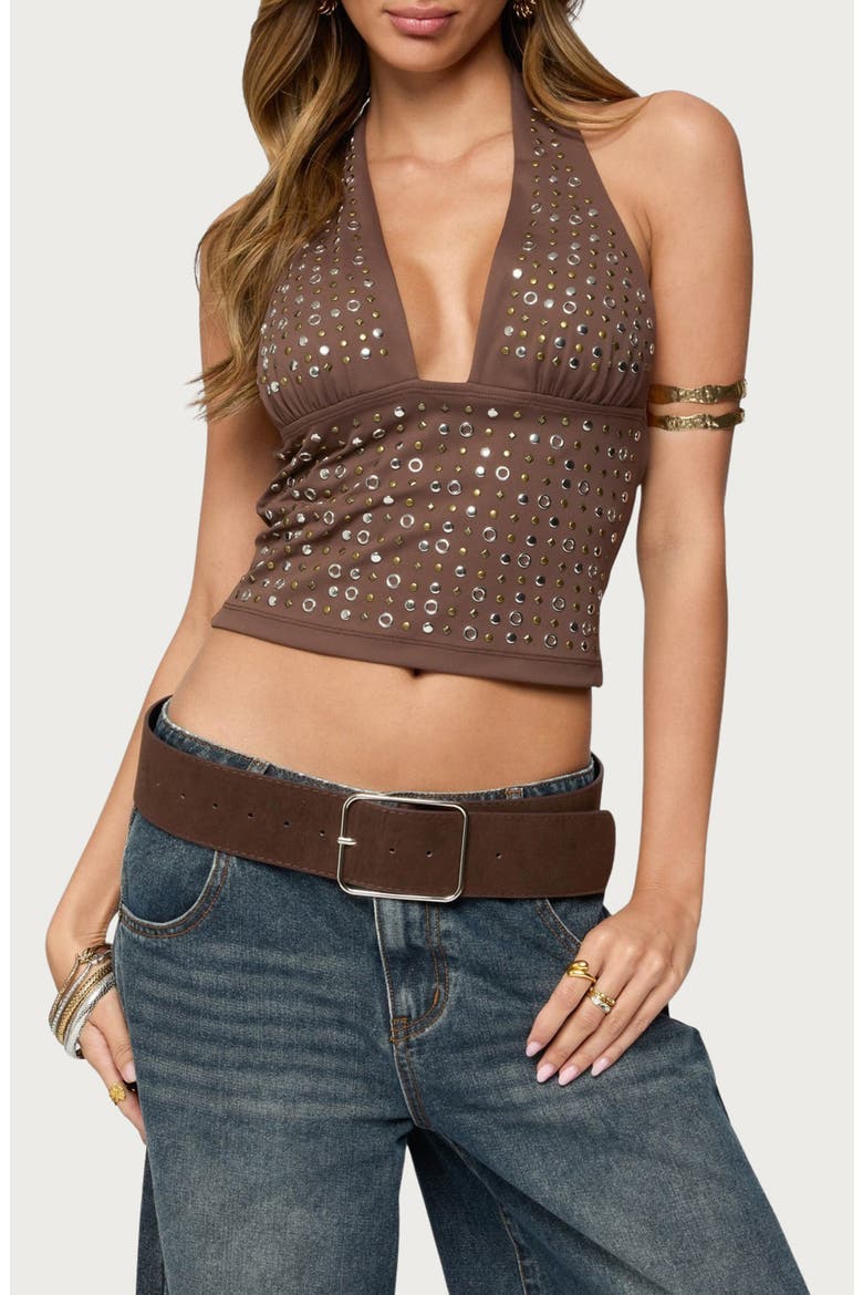 Jackie Studded Grommet Halter Top, Main, color, BROWN