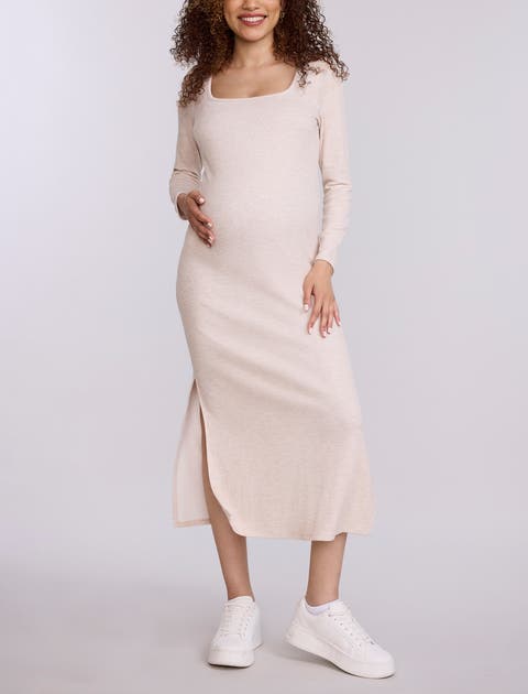 Square Neck Rib Knit Long Sleeve Bodycon Maxi Dress