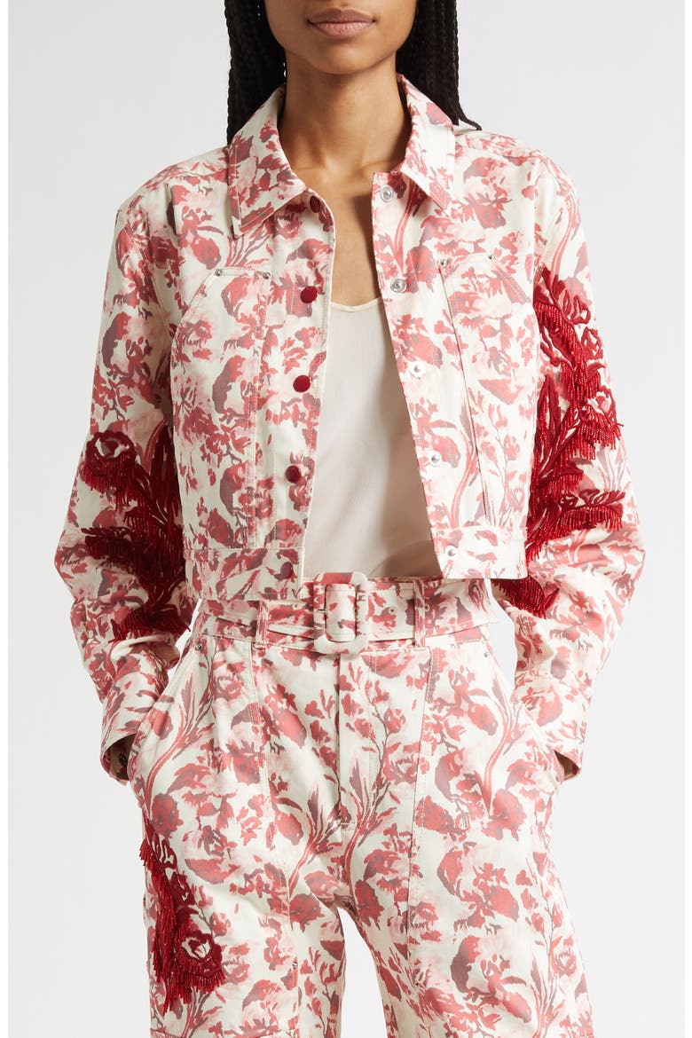 Deyo Floral Ribbons Bead Detail Stretch Cotton Jacket, Main, color, CHERRY ROSE MULTI