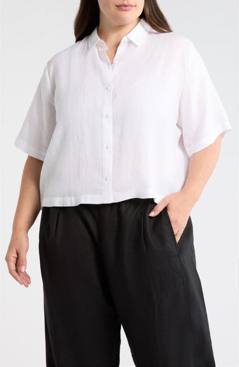 Short Sleeve Organic Linen Button-Up Shirt (Plus)
