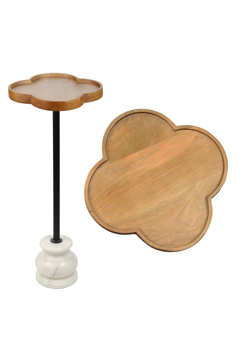 Colby Transitional Quatrefoil Top Drink Table - Iron Pedestal Marble Base Martini Accent End Table, Main, color, Natural/Black/White