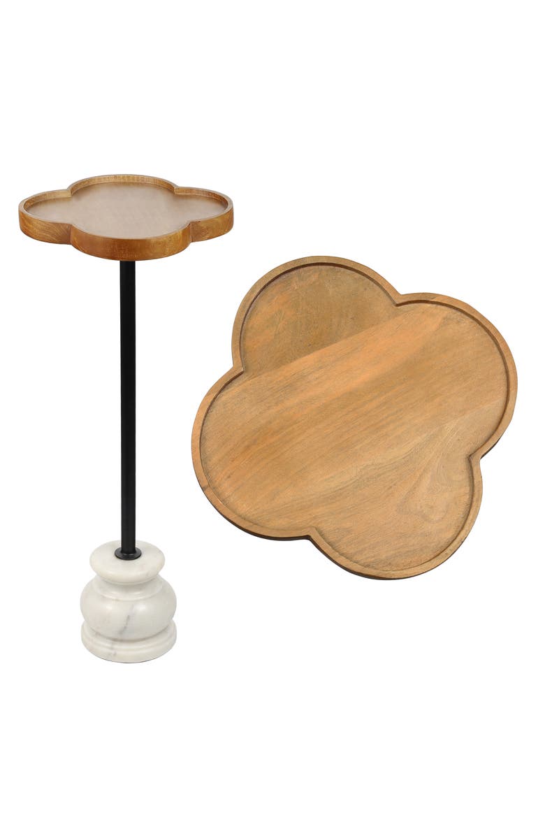 JONATHAN Y Colby 24.5" Classic Cottage Wood/Metal Drink Table and Decorative End Table with Quatrefoil Top and White Marble Base, Main, color, Natural/Black/White