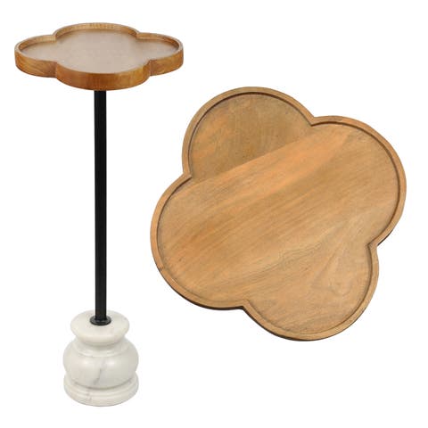 Colby 24.5" Classic Cottage Wood/Metal Drink Table and Decorative End Table with Quatrefoil Top and White Marble Base
