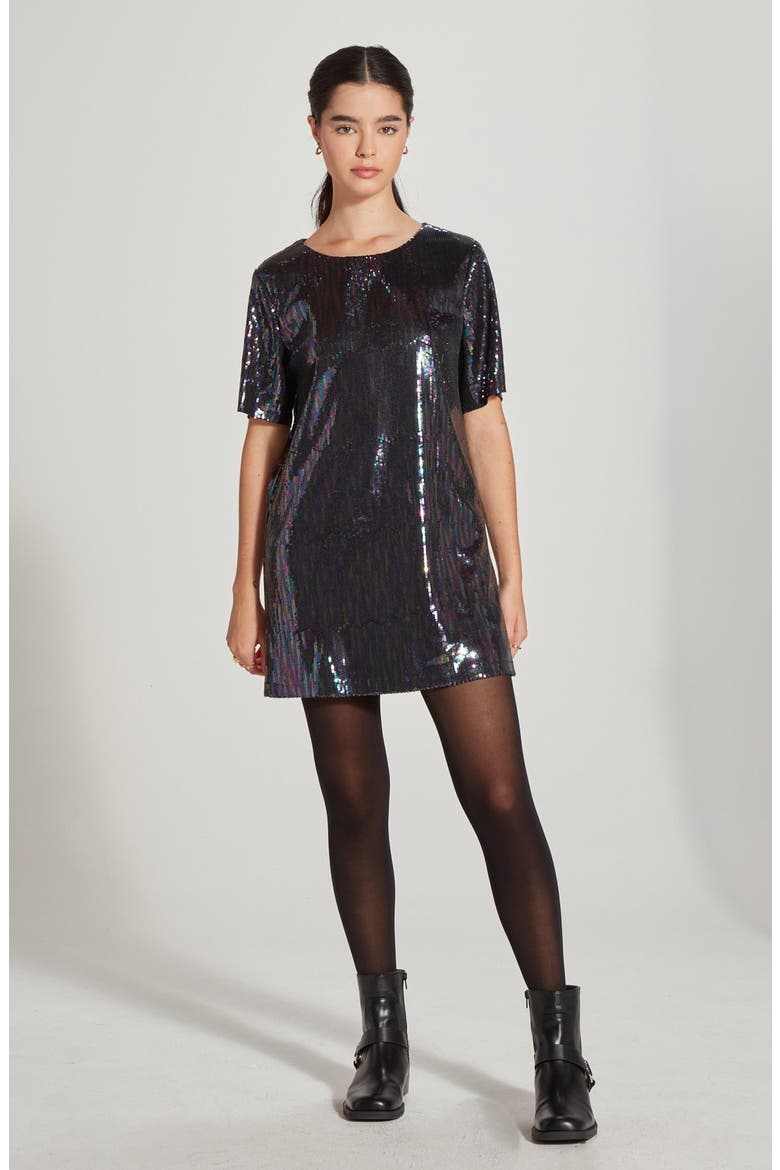 Short Sleeve Sequin T-Shirt Dress, Alternate, color, BLACK