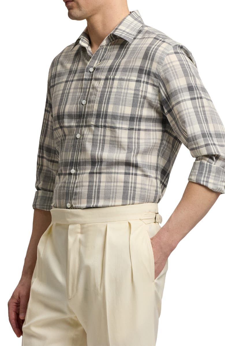Ralph Lauren Purple Label Plaid Button-Up Shirt, Alternate, color, Cream Melange Grey
