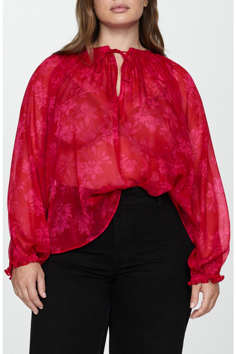Floral Print Tie Neck Top, Alternate, color, RED