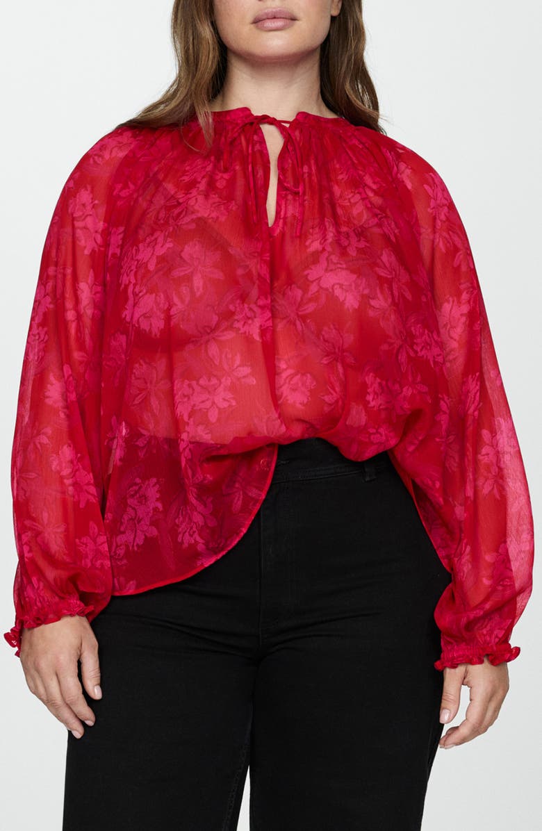 MANGO Floral Print Tie Neck Top, Alternate, color, Red