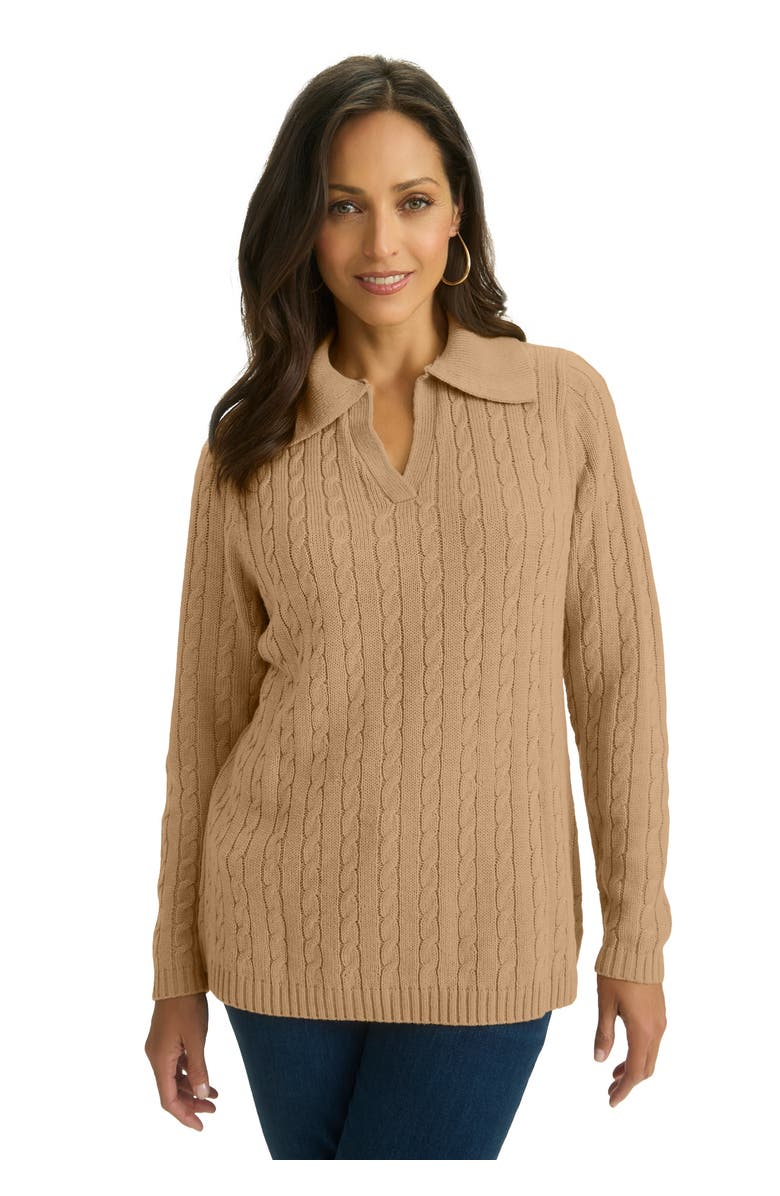 Jessica London Pullover Cable Polo, Main, color, Soft Camel