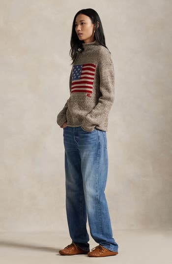 Intarsia Flag Mock Neck Wool Blend Sweater