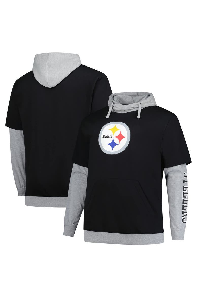 Men's Fanatics Black/Heather Gray Pittsburgh Steelers Big & Tall Twofer Pullover Hoodie, Main, color, Black