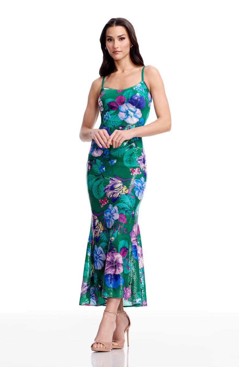 Dress the Population Susan Sequin Floral Cocktail Midi Dress, Alternate, color, Kelly Green Multi