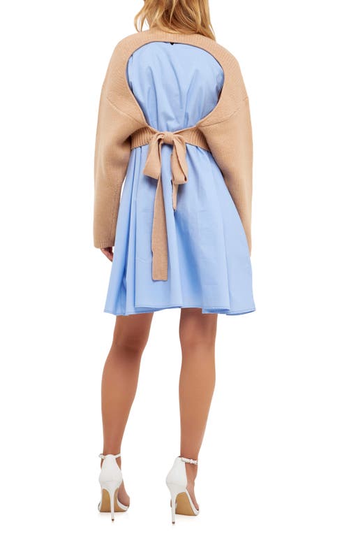 English Factory Sweater With Poplin Minidress In Tan/powder Blue