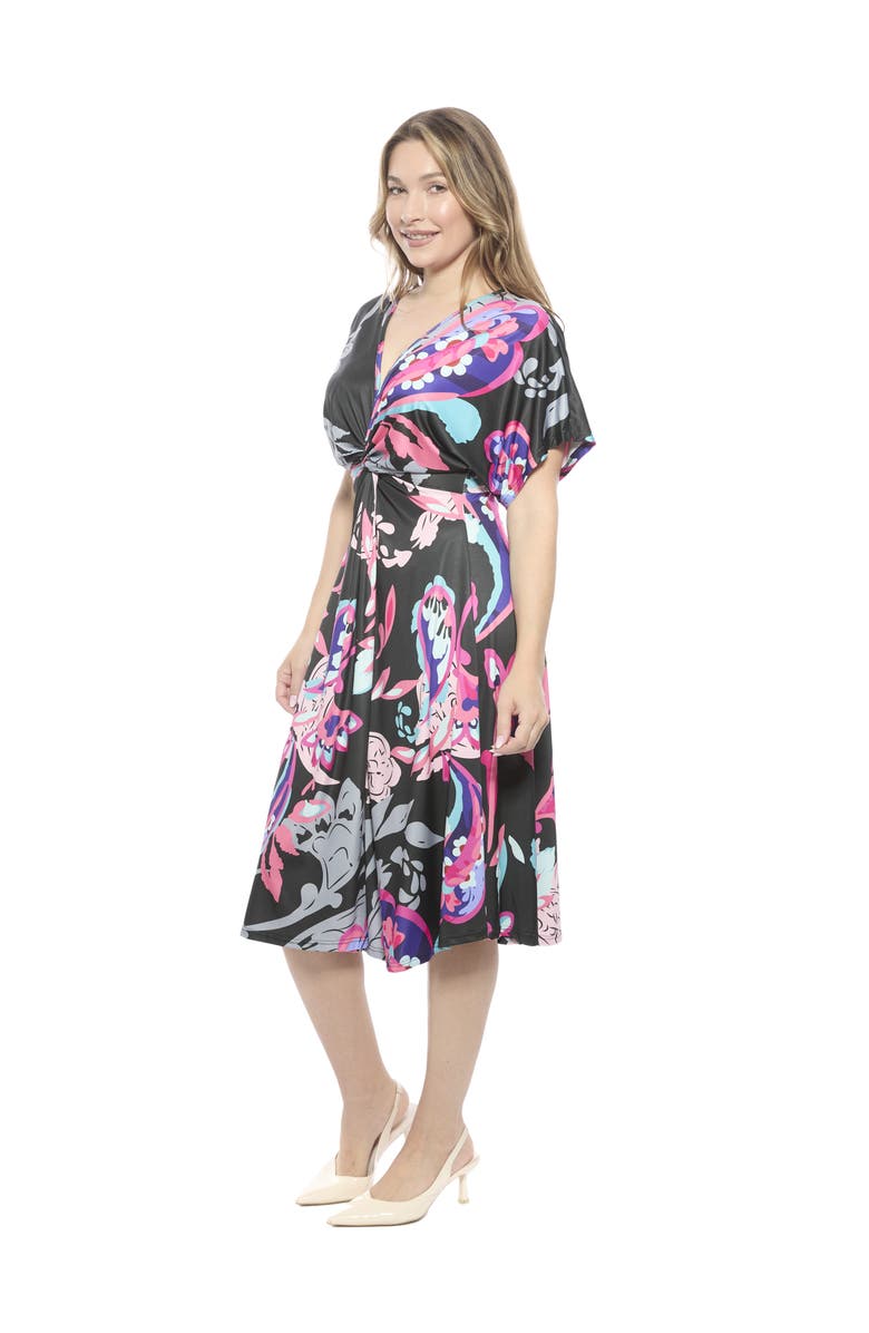 24seven Comfort Apparel Womens Paisley V-Neck Short Dolman Sleeve Twist Front A-Line Midi Dress, Alternate, color, Black Multi