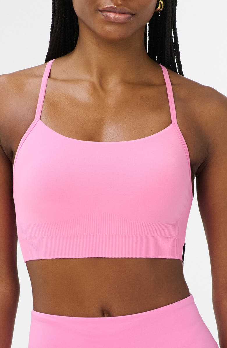 Sweaty Betty Spirit Restored Racerback Sports Bra, Main, color, Guava Pink