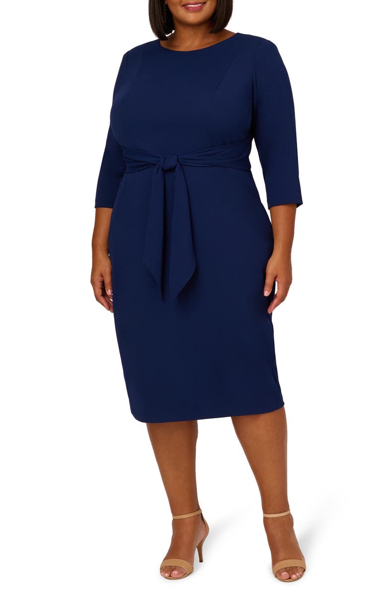 Adrianna Papell Tie Waist Crepe Dress, Main, color, Navy Sateen