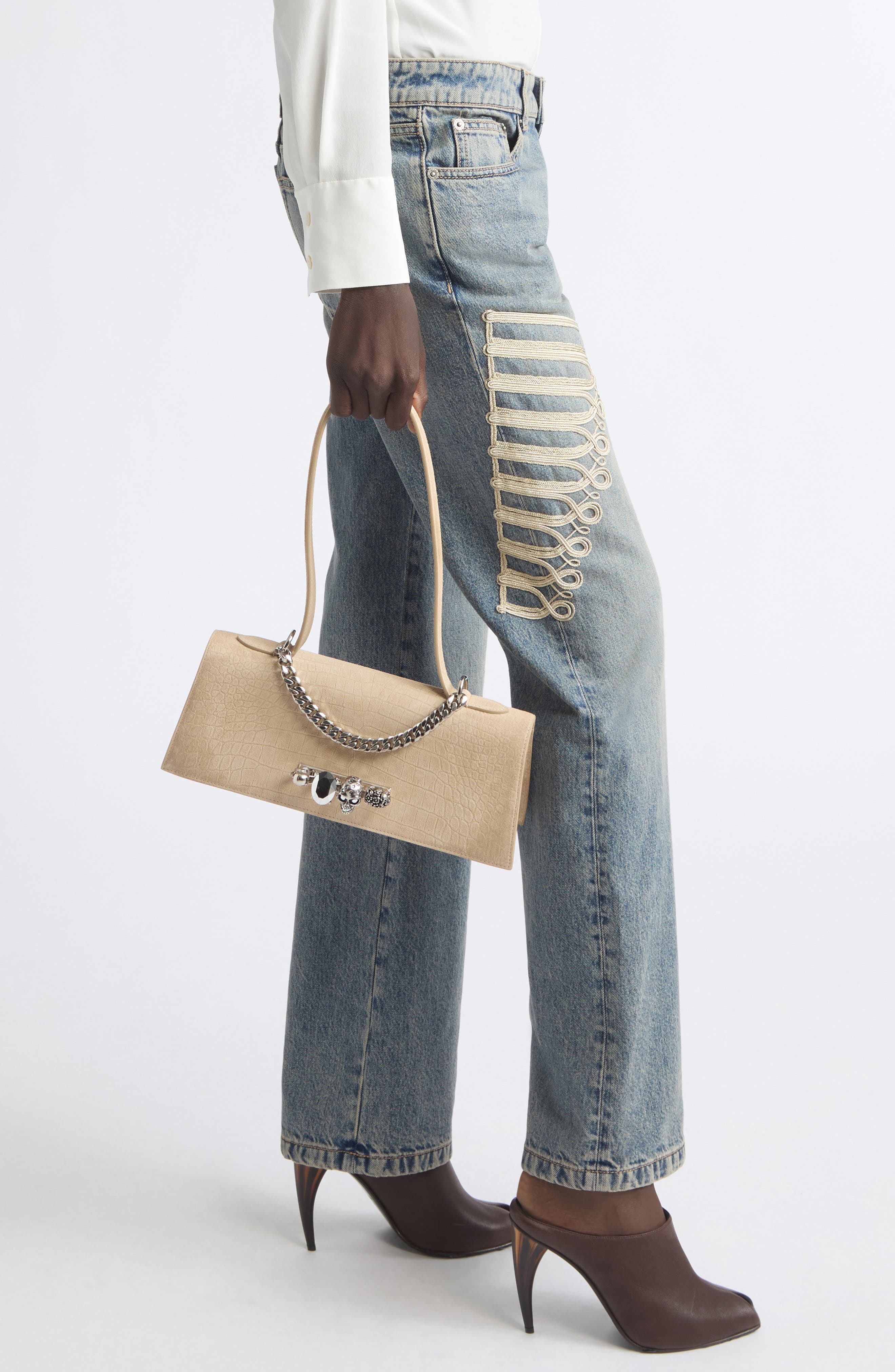 Jeweled Croc Embossed Suede Top Handle Bag, Alternate, color, ZINC