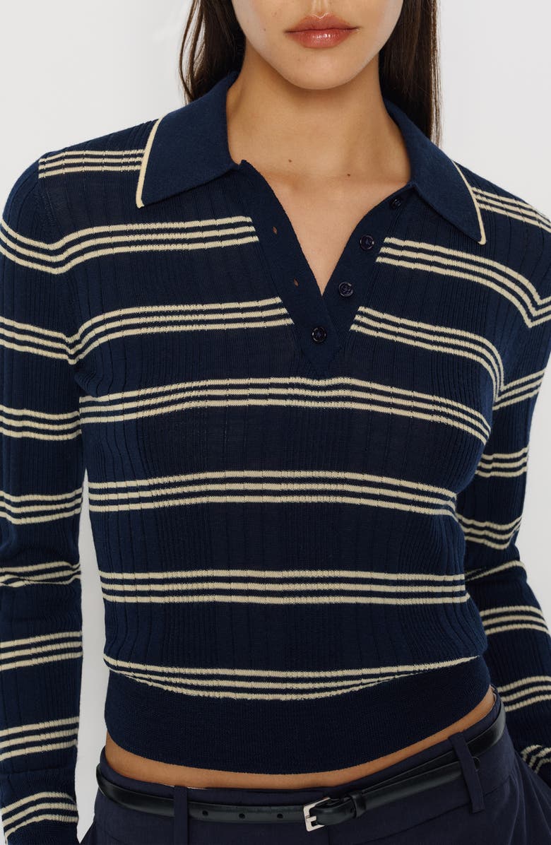 Reformation Hermia Stripe Merino Wool Polo Sweater, Alternate, color, Parmesan Navy Stripe
