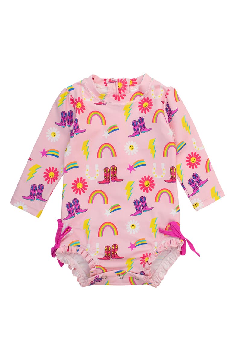 RuffleButts Cowgirl Cutie One-Piece Rashguard Swimsuit, Main, color, Pink