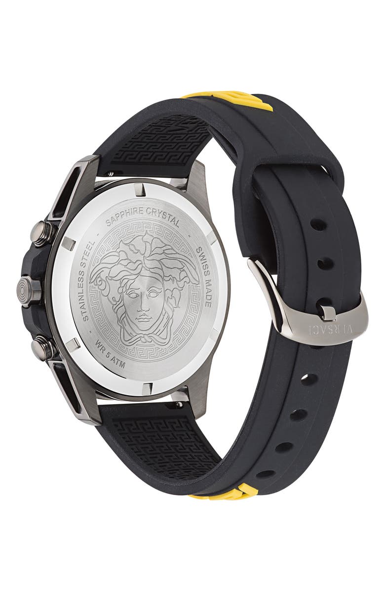 Versace Greca Action Chronograph Silicone Strap Watch, 45mm, Alternate, color, Gun