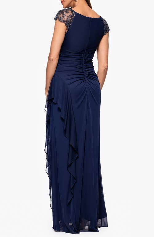Xscape Evenings Embellished Illusion Yoke Column Gown In Blue