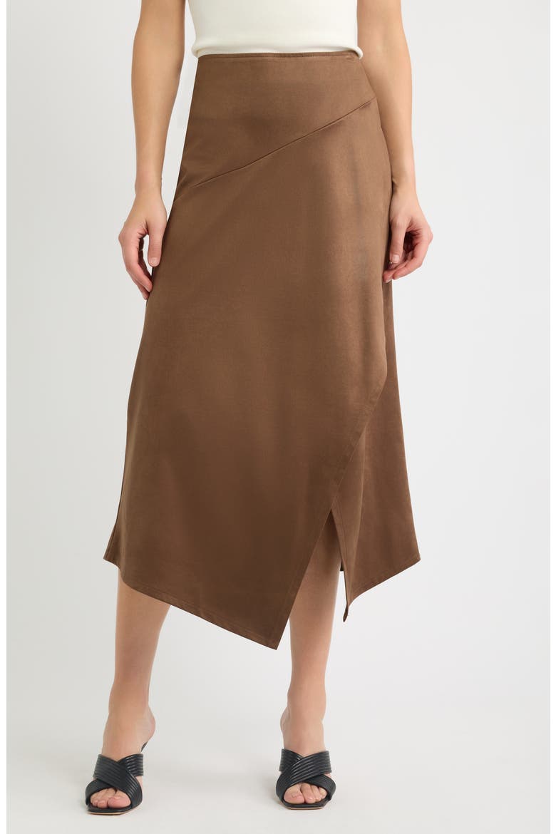 Faux Suede Asymmetric Midi Dress, Main, color, BROWN