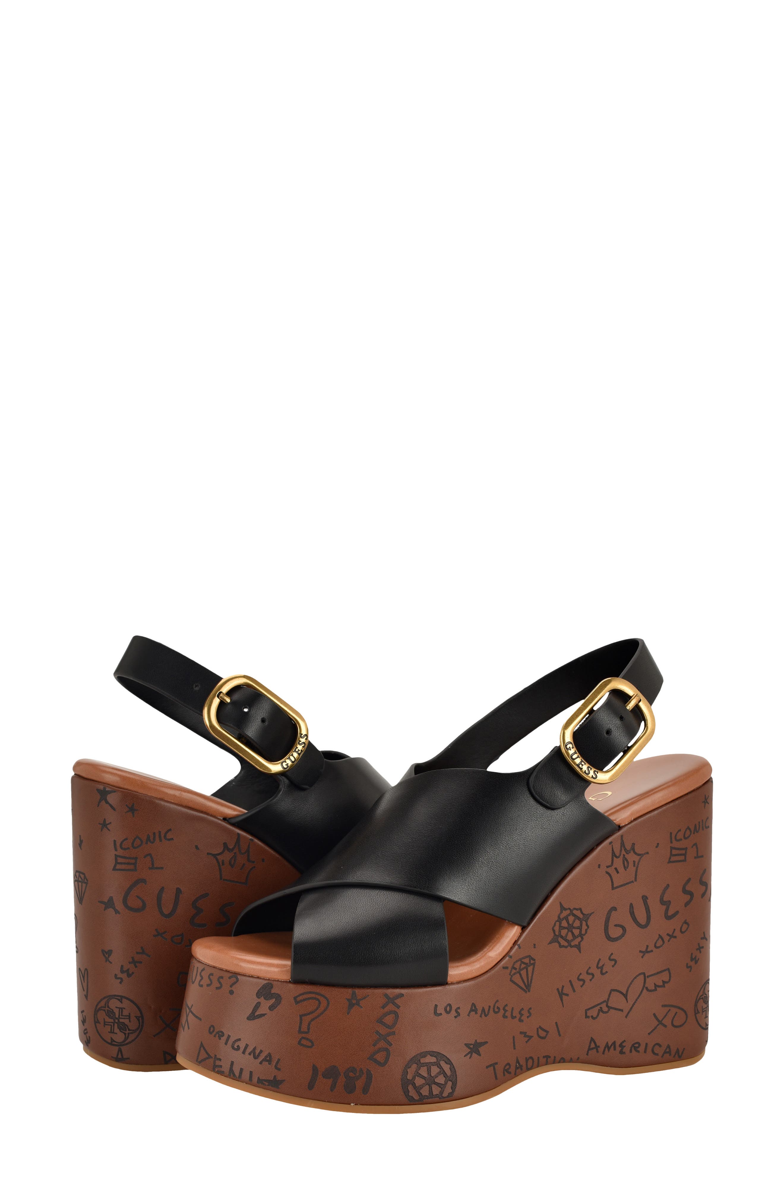 GUESS Yarisel Platform Wedge Sandal, Alternate, color, Black