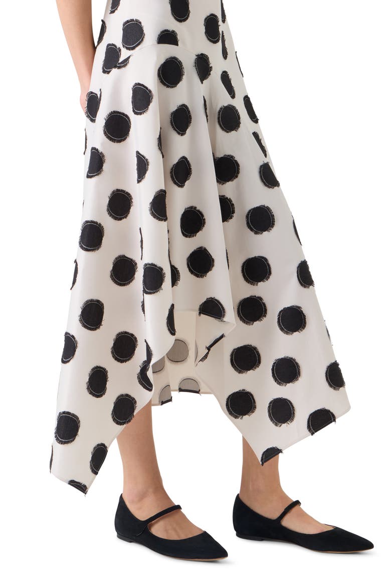 Fringed Fil Coupé Polka Dot Jacquard Asymmetric Fit & Flare Dress, Alternate, color, CREAM-BLACK