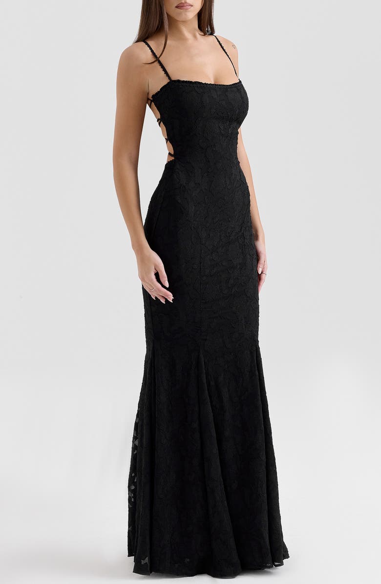 HOUSE OF CB Joan Floral Appliqué Mermaid Gown, Alternate, color, Black