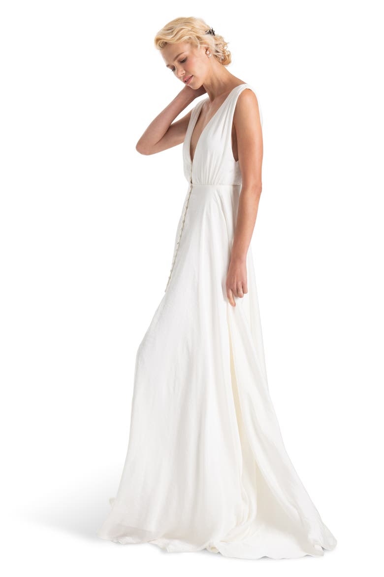 Joplin Slit Front Button-Up V-Neck Wedding Dress, Alternate, color, WHITE