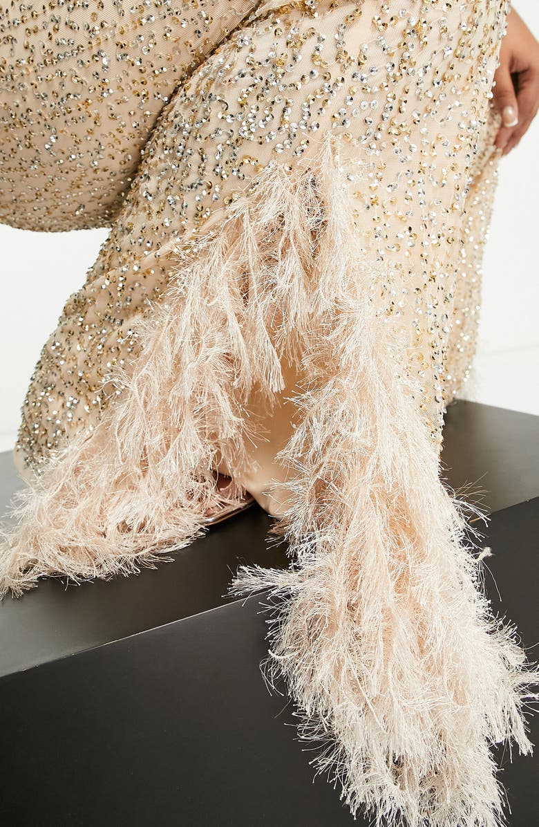 ASOS DESIGN LUXE Curve Sequin Faux Feather Belted Jumpsuit, Alternate, color, 