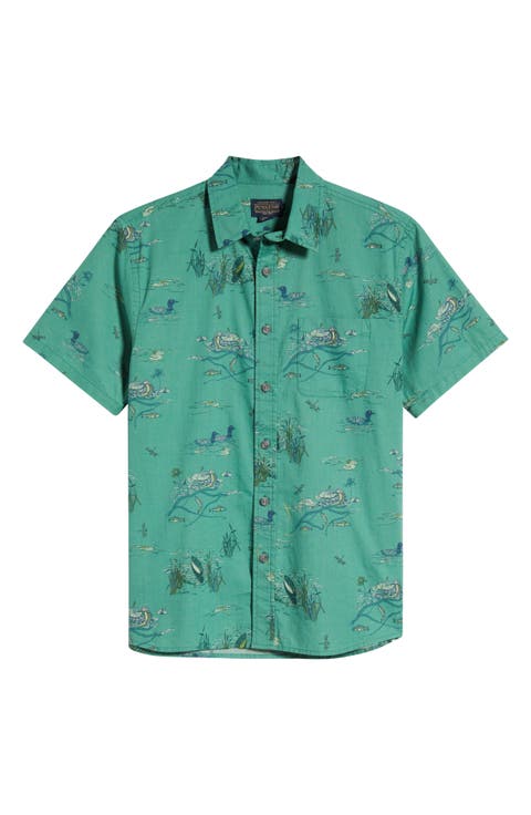 Shoreline Nature Print Short Sleeve Cotton Button-Up Shirt