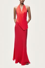 Nocturne Asymmetric Open-Back Halter Maxi Dress